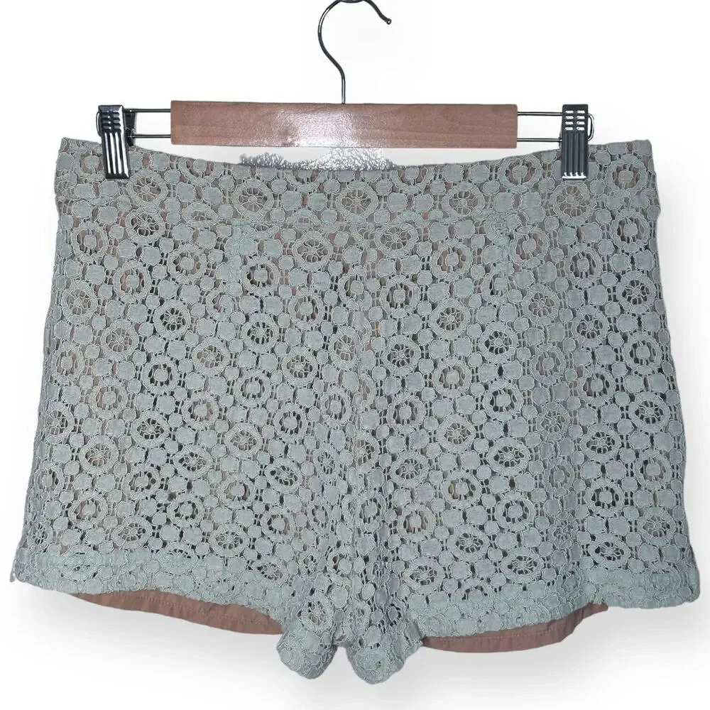 VICTORIA BECKHAM Lace Crochet Shorts Mint Green High Rise Tan Flirty Sexy Size 8